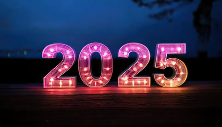 New Year 2015 glowing sign on wooden table with bokeh backgroundの素材