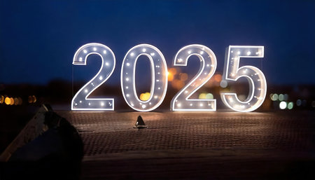 New year 2015 glowing neon sign on a wooden surface. night city backgroundの素材