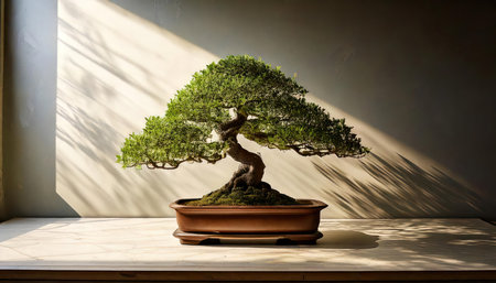 Bonsai tree in a pot on a shelf with sunlight.の素材