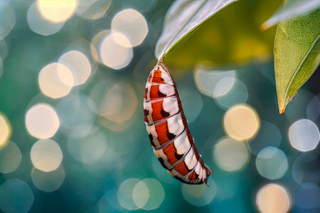 Butterfly pupa on green leaf with bokeh backgroundの素材