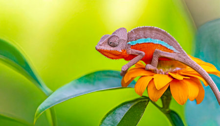 Chameleon on a flower in the garden, Chamaeleo calyptratusの素材