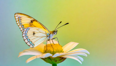Butterfly on camomile flower on the colorful background.の素材