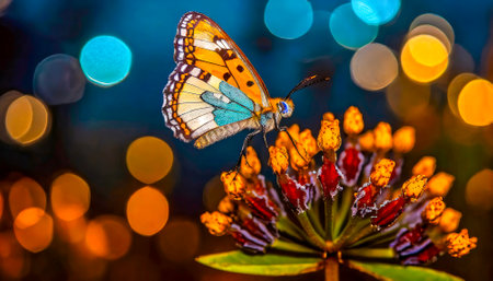 Butterfly on a flower with bokeh lights in the backgroundの素材