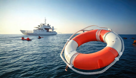 Lifebuoy in the sea with ship in the background. 3d renderingの素材