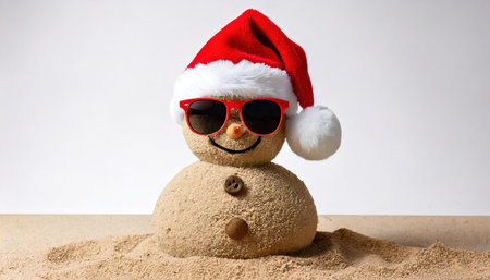 snowman with santa claus hat and sunglasses on sandの素材