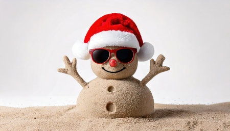 snowman with santa claus hat and sunglasses on the sandの素材