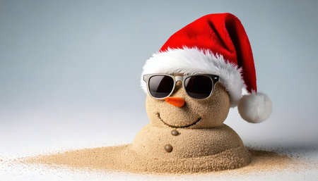 Snowman in santa hat and sunglasses with sand on white backgroundの素材