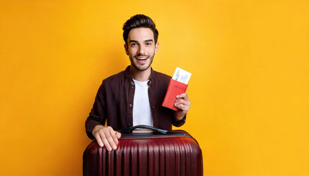 smiling young man with travel suitcase and passport isolated on yellow backgroundの素材