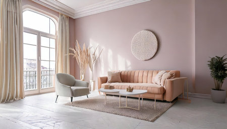 Living room interior with beige sofa and round mirror. 3d renderingの素材