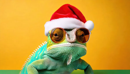 chameleon wearing santa claus hat and sunglasses on yellow backgroundの素材