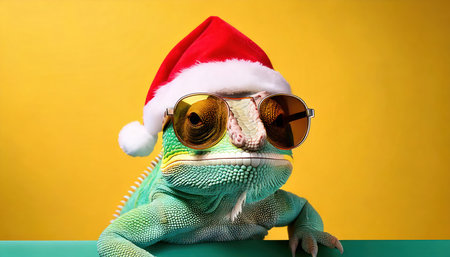 chameleon wearing christmas hat and sunglasses on a yellow backgroundの素材