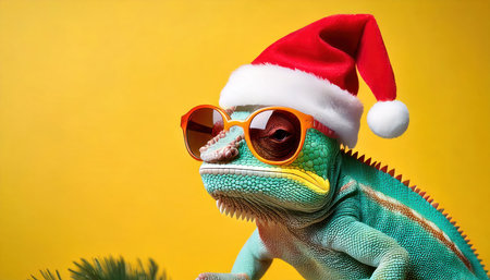 chameleon wearing santa claus hat and sunglasses on yellow backgroundの素材