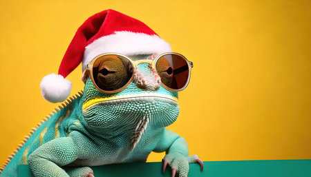 chameleon wearing santa hat and sunglasses on yellow background.の素材