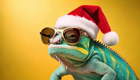 Funny chameleon wearing santa hat and sunglasses on yellow backgroundの素材