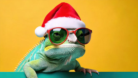 Green chameleon wearing santa claus hat and sunglasses over yellow backgroundの素材