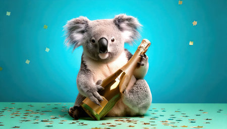 Cute koala with a bottle of champagne on a blue backgroundの素材