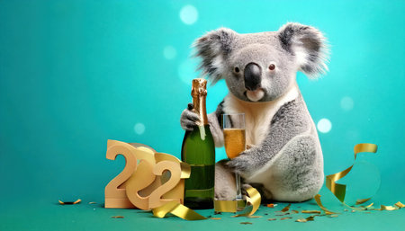 New year card with koala bear, champagne bottle and golden numbers 2022の素材