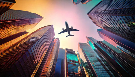 Airplane flying over skyscrapers in hongkong.の素材