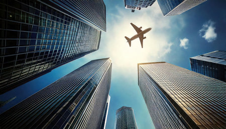 Bottom view of skyscrapers and airplane flying in the blue skyの素材