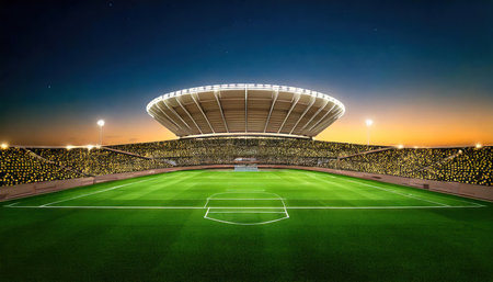 Soccer stadium at night with green grass field and bright stadium lightsの素材