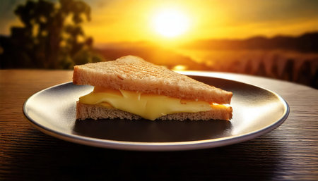 Sandwich with cheese and tomato on a wooden table at sunset.の素材