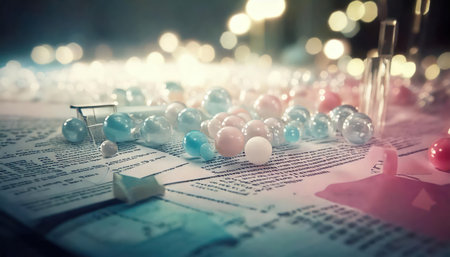 Close up of colorful glass beads on newspaper. bokeh backgroundの素材