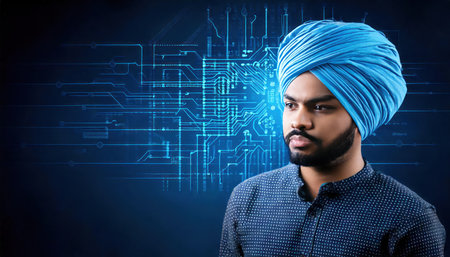 Young indian man with turban on head against circuit board backgroundの素材