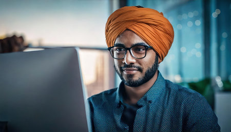 Portrait of a smiling afro-american businesswoman wearing a turban and touching the hologram of a padlock with binary codeの素材
