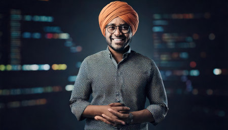 Portrait of a handsome Indian man wearing a turban and glassesの素材