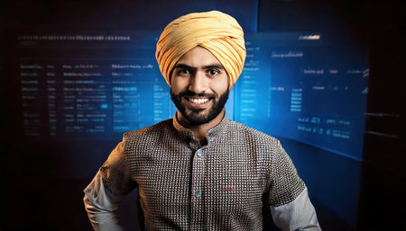 Young indian Sikh businessman wearing turban over black background with binary codeの素材