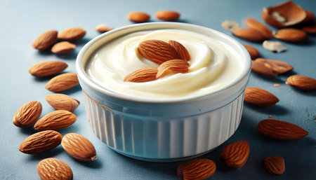 Creamy yogurt in bowl with almonds on blue table, closeupの素材