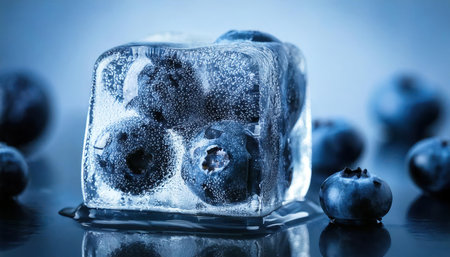 Blueberries frozen in ice cube on blue background. Blueberry antioxidant organic food.の素材