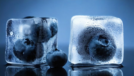 Blueberries frozen in ice cubes on blue background. Toned.の素材