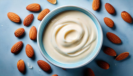 almond yogurt in a bowl with almonds on a blue background, top viewの素材