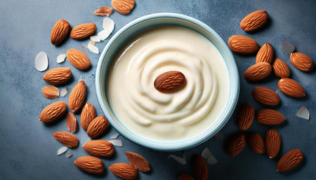 Almond yoghurt in bowl with almond nuts on blue background, top viewの素材