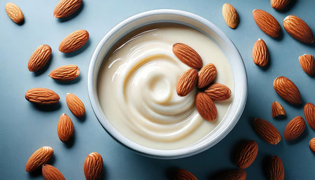 Almond yoghurt in a bowl with almonds on a blue background.の素材