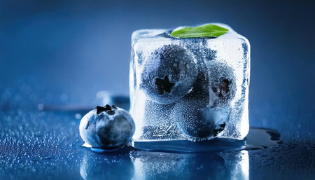 Blueberries frozen in ice cube on blue background. Toned.の素材