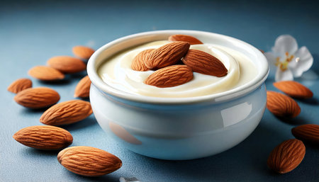 Creamy yogurt in bowl with almonds on blue table, closeupの素材