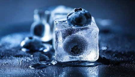 Blueberries frozen in ice cubes on a dark blue background. close upの素材