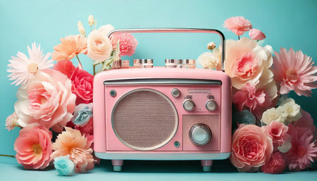 Retro radio with flowers on blue background, vintage and retro styleの素材