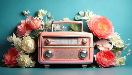 Retro radio with flowers on turquoise background, vintage styleの素材