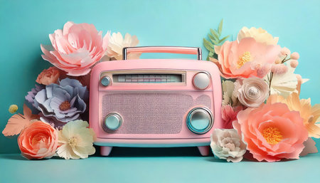 Retro radio with flowers on turquoise background. music conceptの素材
