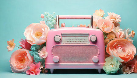 Retro pink radio with flowers on blue background, vintage color toneの素材