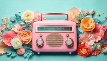 Retro pink radio with flowers on blue background, top view.の素材