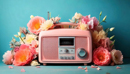 Retro radio with flowers on turquoise background. music conceptの素材