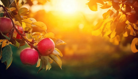 Red apples on a tree branch in an orchard at sunset.の素材