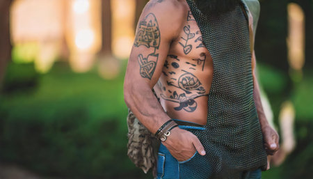 Handsome young man with tattooed body posing in the parkの素材