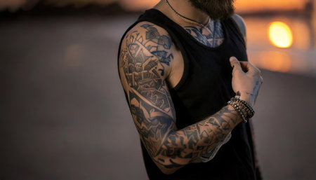 Tattooed tattooed man in a black T-shirt and jeansの素材