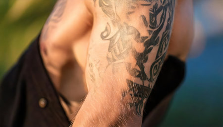 Tattooed male arm close up. Tattooed man with tattoo.の素材