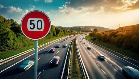 Traffic on motorway with speed limit sign 50 km per hourの素材